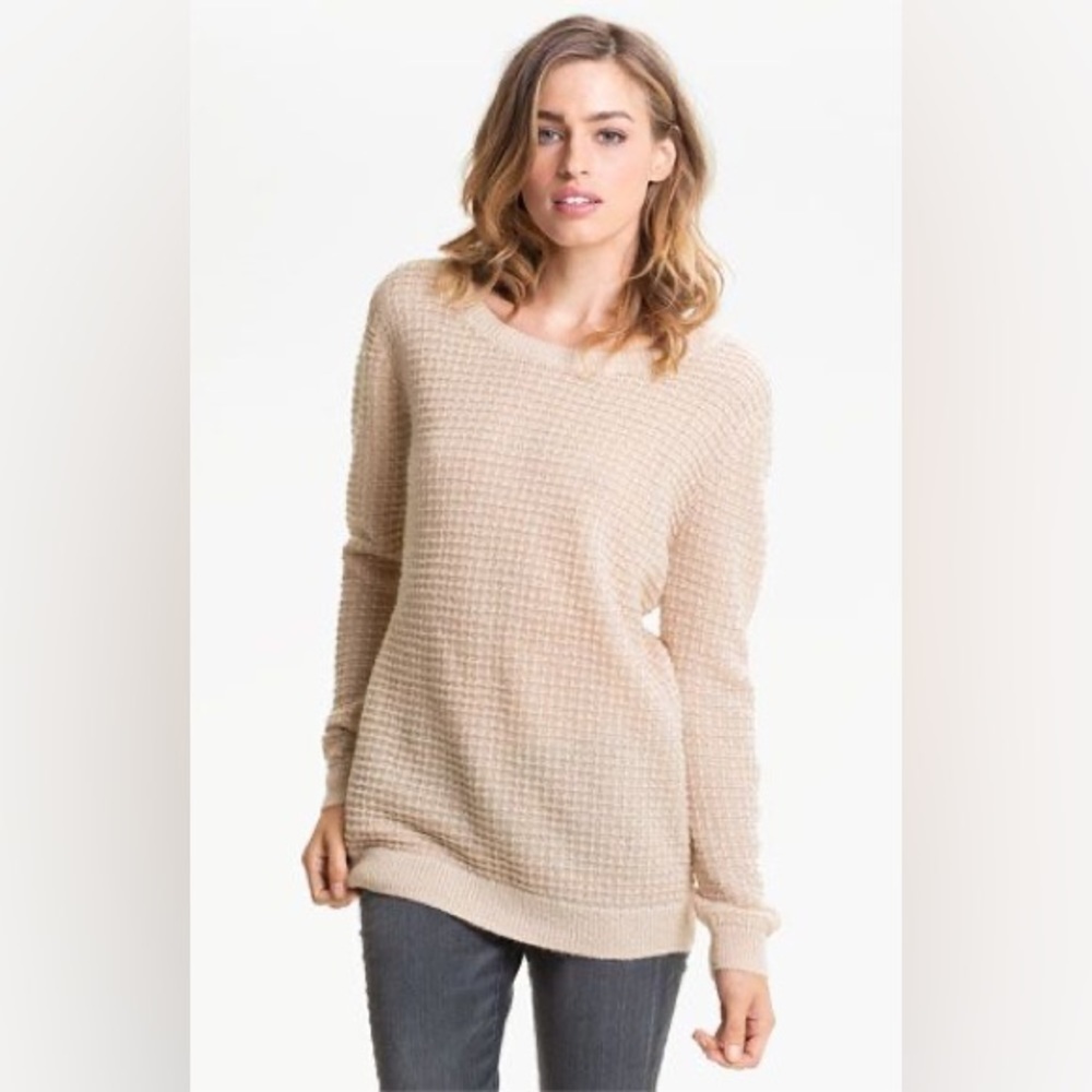 Hinge Peach Cream Open Back Thermal Knit Mohair Metallic Long Sweater